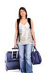 A picture of a young tired woman with luggage over white background