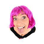 A picture of a young woman in purple hair showing her tongue over white background