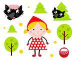 Red riding hood and wolf tale icons isolated on white. Vector cartoon illustration.