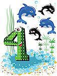 Sea animals and numbers series for kids, from 0 to 10 -4,dolphins
