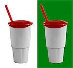 Fast food cup with red tube isolated on white or green background