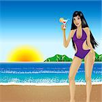 Vector Illustration of a blue bikini girl on the beach.