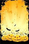 Grungy Halloween background with pumpkins in grass and bats