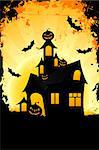Halloween background with haunted house pumpkin in grass  bats and full moon