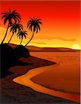 Vector illustration of tropical beach sunset background