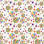 Candy Seamless Wallpaper Background with Lollipops and Gumdrops on White.