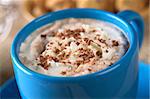 Hot chocolate with whipped cream and chocolate shavings in blue cup with cookies in the back (Selective Focus, Focus on the top of the cream)