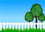 Three stylized tree behind a white fence