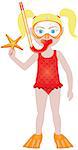 Vector of Blond girl in swimsuit with snorkel and starfish.