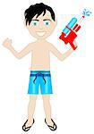 Vector of black hair boy in swimsuit with water gun.