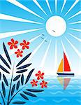 vector oleander and sailboat floating on the sea, Adobe Illustrator 8 format