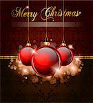 Elegant Merry Cristmas and Happy New Year background with vintage seamless wallpaper and glossy red baubles.