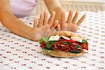 female hands refusing big meat sandwich with ham and cheese