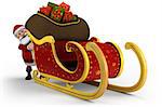 Cartoon Santa Claus pushing his sleigh - on white background - high quality 3d illustration