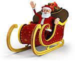 Cartoon Santa Claus sitting in his sleigh and waving - on white background - high quality 3d illustration