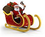 Cartoon Santa Claus with bell sitting in his sleigh - on white background - high quality 3d illustration