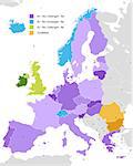 Boundary of Schengen Area, Europe with countries silhouettes. Eps file contains separate layers with county name, boundaries and layer with counties.   Map source from public domain: https://www.cia.gov/library/publications/the-world-factbook/graphics/ref_maps/pdf/europe.pdf  Software Used : Adobe Illustrator CS3