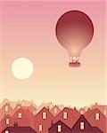 an illustration of a hot air balloon drifting over a city skyline at sunrise