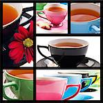 Collage of teacups in different colors on white background