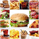 Collage of different fast food products with big cheeseburger in center