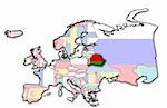 some very old grunge map of belarus with flag on map of europe