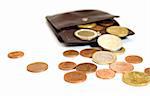 Euro coins spilling out of open leather wallet