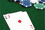 A great poker hand is laid down on the gaming table.