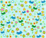 cartoon birds on blue Romantic floral background