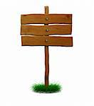 3d illustration of wooden signboard with grass, isolated over white