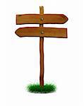 3d illustration of old wooden direction sign, isolated over white