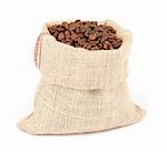 Coffee beans in canvas sack isolated on white