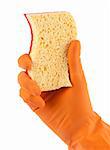 Hand in orange glove with sponge isolated on white background