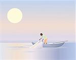 an illustration of an asian fisherman in a small boat pulling in a net at dawn under a colored sky with a big yellow sun