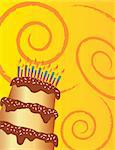 Happy birthday chocolate cake on yellow background. Also available as a Vector in Adobe illustrator EPS format. The different graphics are all on separate layers so they can easily be moved or edited individually. The text has been converted to paths, so no fonts are required. The vector version can be scaled to any size without loss of quality.