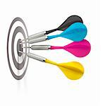 Foud cmyk color darts hitting target center, use vertical or horizontal