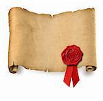 Old ragged parchment roll with red wax seal