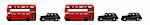 Banner of red London buses and taxis in a row isolated on white