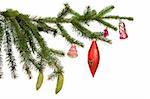 Christmas fir tree with colorful lights and decorations on a white background.