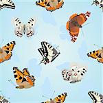 Seamless background of flying moths. The illustration on white background.