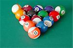 group of billiards balls on table in triangle position
