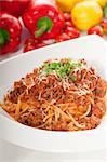 Italian classic  spaghetti with bolognese sauce and fresh vegetables on background,MORE DELICIOUS  FOOD ON PORTFOLIO