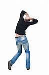 Young man dancing. Rear view. Isolated over white.