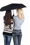 Two women under an umbrella. Rear view. Isolated over white.