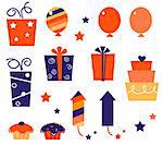 Cute gift and balloon icons and elements for party. Vector
