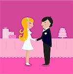 Blond hair bride in white dress and groom. Vector Illustration.