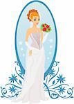 Happy bride with roses and mirror against ornament