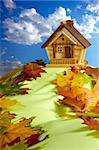 Wooden house on a hill covered with fallen autumn leaves under blue cloudy sky