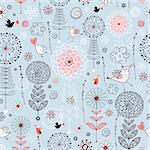 seamless floral pattern with birds in love on a light blue background