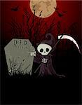 Cute cartoon grim reaper with scythe pointing to tombstone