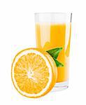 Glass of orange juice and orange half with leaves isolated on white background